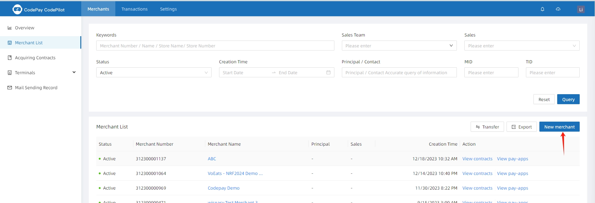 Registering a merchant to obtain merchant no