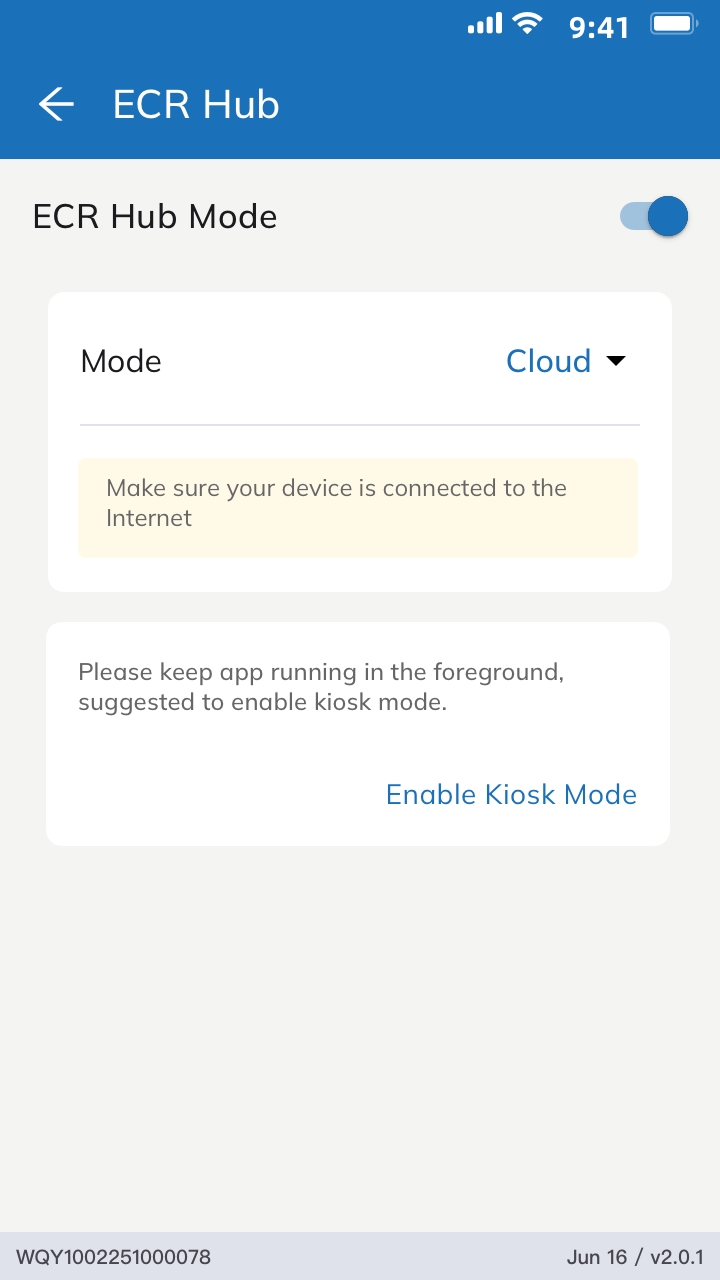 CodePay Register Application install and setting, set the connection mode to 'Cloud'