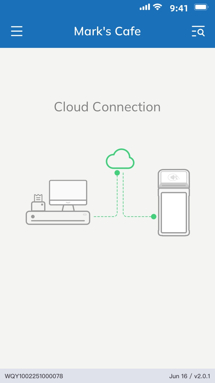 CodePay Register Application install and setting, set the connection mode to 'Cloud', graphic effect when successfully connected to the internet