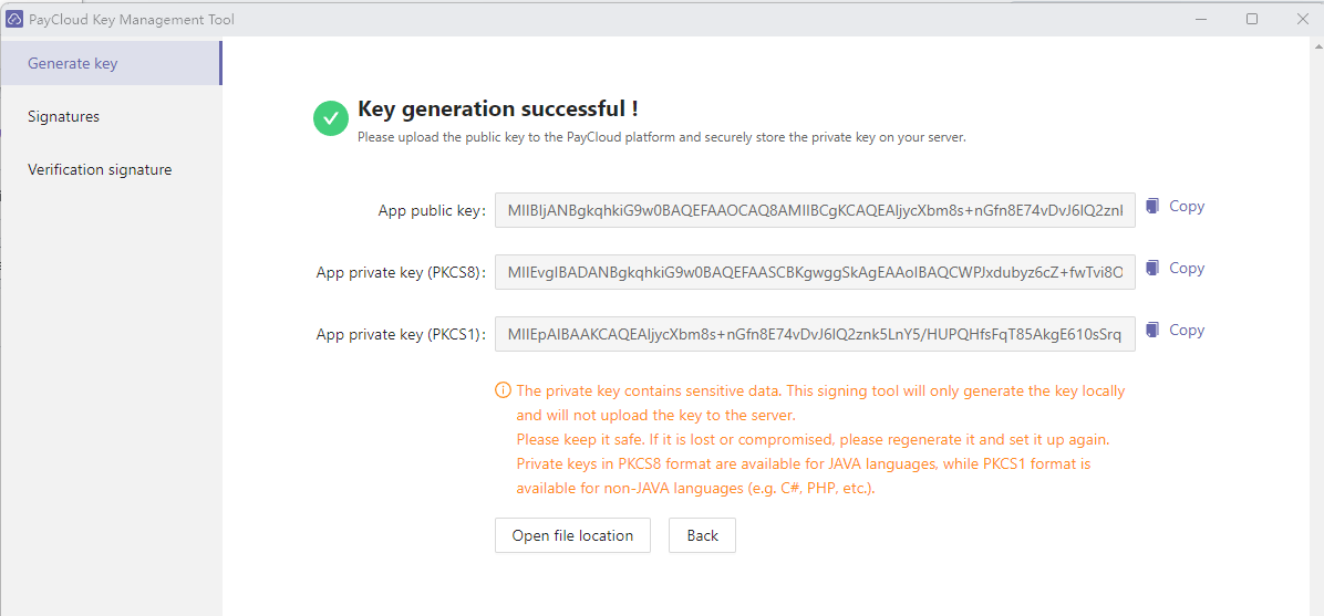 Using Codepay's signature tool to generate rsa keys