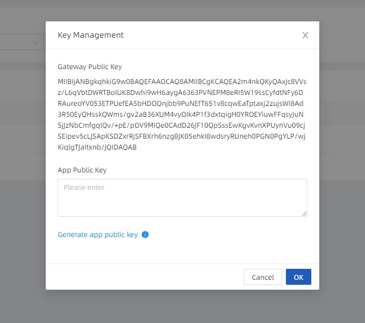 Obtain the gateway rsa public key gateway_rsa_public_key, and upload your own application rsa private key app_rsa_public_key